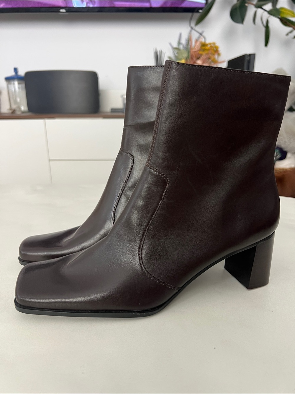 Nine West Square Toe Mid Calf Dark Brown Leather Booties 9.5M